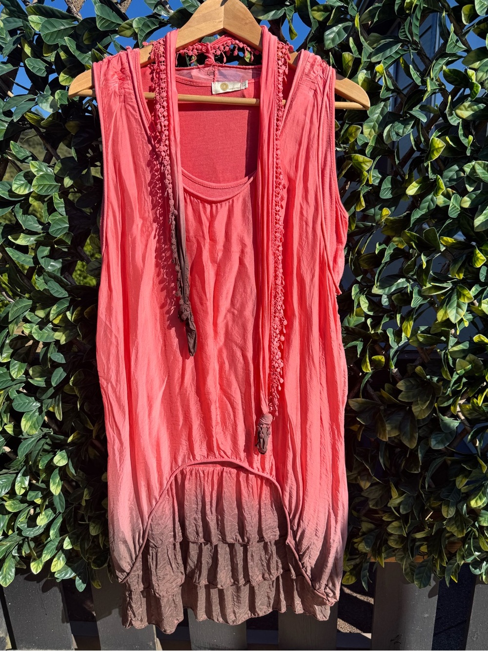Made in Italy Sleeveless Coral to Brown Ombre Layered Tunic Top